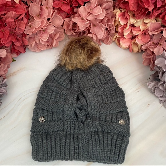 Dark Gray Knit Criss Cross Ponytail Pom Pom Beanie with Mask Buttons - Picture 9 of 15